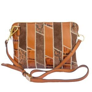 G.I.L.I. Brown Tan Embossed Snake Croc Leather Suede Patchwork Crossbody Purse